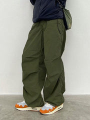 Drawstring Pleated Solid Color High Waisted Loose Trousers Pants