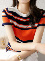Contrast Color Striped Loose Short Sleeves Round-neck T-Shirts Tops