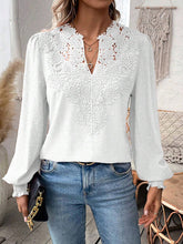 Elasticity Hollow Jacquard Solid Color Split-Joint Loose Puff Sleeves V-Neck Blouses&Shirts Tops