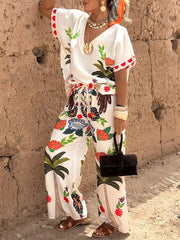 Printed Split-Joint Loose Raglan Sleeve V-neck Blouses&shirts Tops