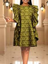 Flower Print Ruffled Zipper High Waisted Loose Round-Neck Mini Dresses