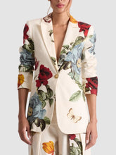 Buttoned Flower Print Pockets Long Sleeves Loose Notched Collar Outerwear Blazer