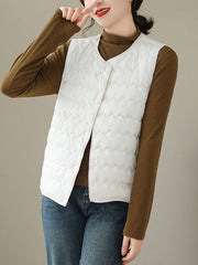 Buttoned Quilted Solid Color Loose Sleeveless Round-Neck Padded Vest