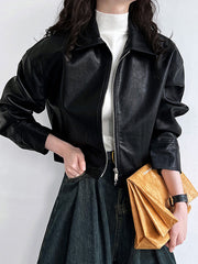 Solid Color Zipper Long Sleeves Loose Lapel Collar Outerwear Jackets&Coats