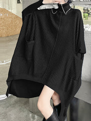 Pockets Solid Color Batwing Sleeves High-Low High-Neck Sweater Dresses Midi Dresses