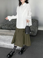 Pleated Solid Color Split-Joint Puff Sleeves Lapel Blouses