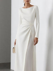 High Waisted Long Sleeves Gauze Pleated Solid Color Split-Joint Round-Neck Maxi Dresses