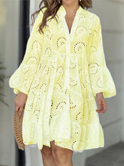 Buttoned Hollow Solid Color Split-Joint A-Line Flared Sleeves V-Neck Mini Dresses