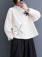 Applique Buttoned Embroidered Long Sleeves Loose Lapel Blouses&Shirts Tops