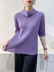 Pleated Solid Color Half Sleeves Hooded Mock Neck T-Shirts Tops