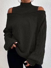 Hollow Solid Color Split-Joint Long Sleeves Loose Cold Shoulder Sweater Tops Pullovers