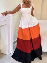 Contrast Color Pleated Pockets Tied Zipper A-Line High Waisted Spaghetti-Neck Maxi Dresses