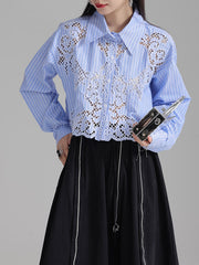 Buttoned Hollow Solid Color Long Sleeves Loose Lapel Blouses&Shirts Tops