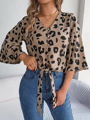 Buttoned Leopard Tied Flared Sleeves Half Sleeves V-Neck Blouses&Shirts Tops