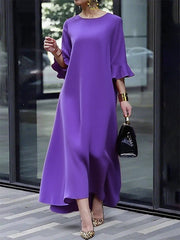 Solid Color Zipper A-Line Flared Sleeves Round-Neck Maxi Dresses