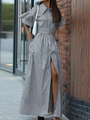 Loose Ruffle Sleeves Buttoned Plaid Pockets Lapel Maxi Dresses Shirt Dress