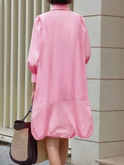 Buttoned Pleated Pockets Solid Color Long Sleeves Loose Lapel Midi Dresses