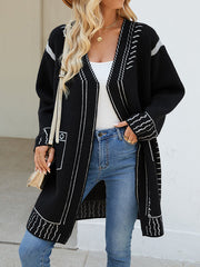 Jacquard Split-Joint Long Sleeves Loose V-Neck Cardigan Tops