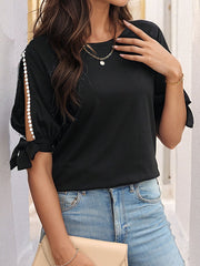 Hollow Split-Joint Tied Half Sleeves Loose Round-Neck T-Shirts Tops