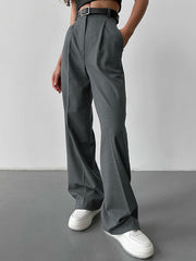 No Belt Solid Color High Waisted Loose Trousers Suit Pants