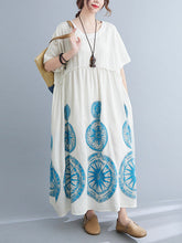Ramie Cotton Round-Neck Ethnic Printed Loose Dress