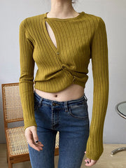 Asymmetric Solid Color Round-Neck Sweater Top