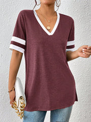 Split-Joint Split-Side Striped Loose Short Sleeves V-Neck T-Shirts Tops