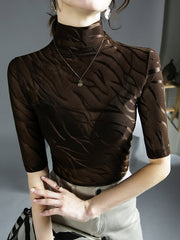 See-Through Half Sleeves Plus Size High Neck T-Shirts Tops