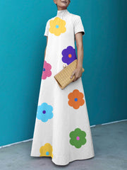 Loose Short Sleeves Floral Printed High-Neck Maxi Dresses