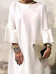 Solid Color Loose Three-quarter Sleeves Round-neck Midi Dresses