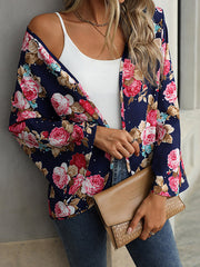 Flower Print Flared Sleeves Long Sleeves Collarless Outerwear