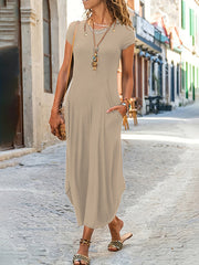 Pockets Solid Color Split-Joint A-line Loose Round-neck Midi Dresses