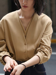 Buttoned Solid Color False Two Long Sleeves V-Neck Blouses&Shirts Tops