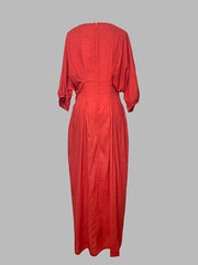 Half Sleeves Loose Solid Color Round-Neck Midi Dresses