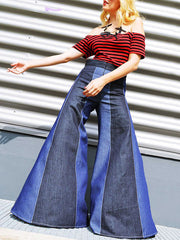 Contrast Color Zipper High Waisted Loose Jean Pants Bottoms Flared Trousers