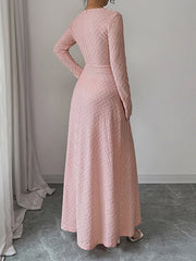 Pleated Solid Color High Waisted Long Sleeves Deep V-Neck Maxi Dresses