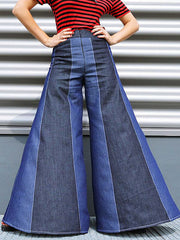 Contrast Color Zipper High Waisted Loose Jean Pants Bottoms Flared Trousers