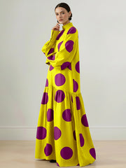 Long Sleeves Loose Big Hemline Contrast Color Pleated Polka Dot Split-Joint Half Turtleneck Maxi Dresses