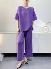 Elastics Pleated Solid Color Short Sleeves Wide Leg Round-neck Two Pieces Set