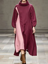 Contrast Color Split-Joint Loose Puff Sleeves High Neck Maxi Dresses