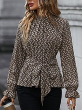Bandage Belted Leopard Printed Long Sleeves Round-Neck Blouses&Shirts Tops