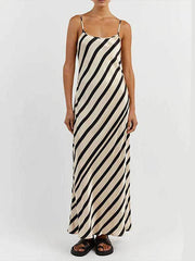 Striped High Waisted Loose Spaghetti-Neck Maxi Dresses