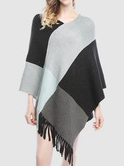 Asymmetric Color-Block Tasseled Loose V-Neck Shawl&Cloak Cape