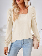 Jacquard Solid Color Loose Square-neck T-Shirts Tops
