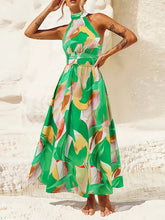 Pleated Printed Split-Joint A-Line Loose Halter-Neck Midi Dresses