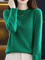 Casual Long Sleeves Loose Solid Color Round-Neck Sweater Tops