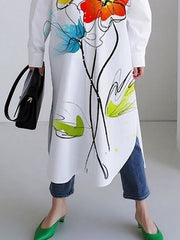 Flower Print Split-Side Long Sleeves Loose Stand Collar Shirt Dress Midi Dresses
