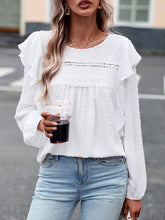 Hollow Jacquard Solid Color Split-Joint Loose Puff Sleeves Round-Neck T-Shirts