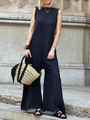 Solid Color Loose Sleeveless Round-Neck Jumpsuits