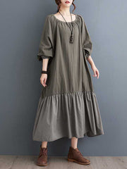 Elasticity Pleated Split-Joint A-line Loose Round-neck Midi Dresses
